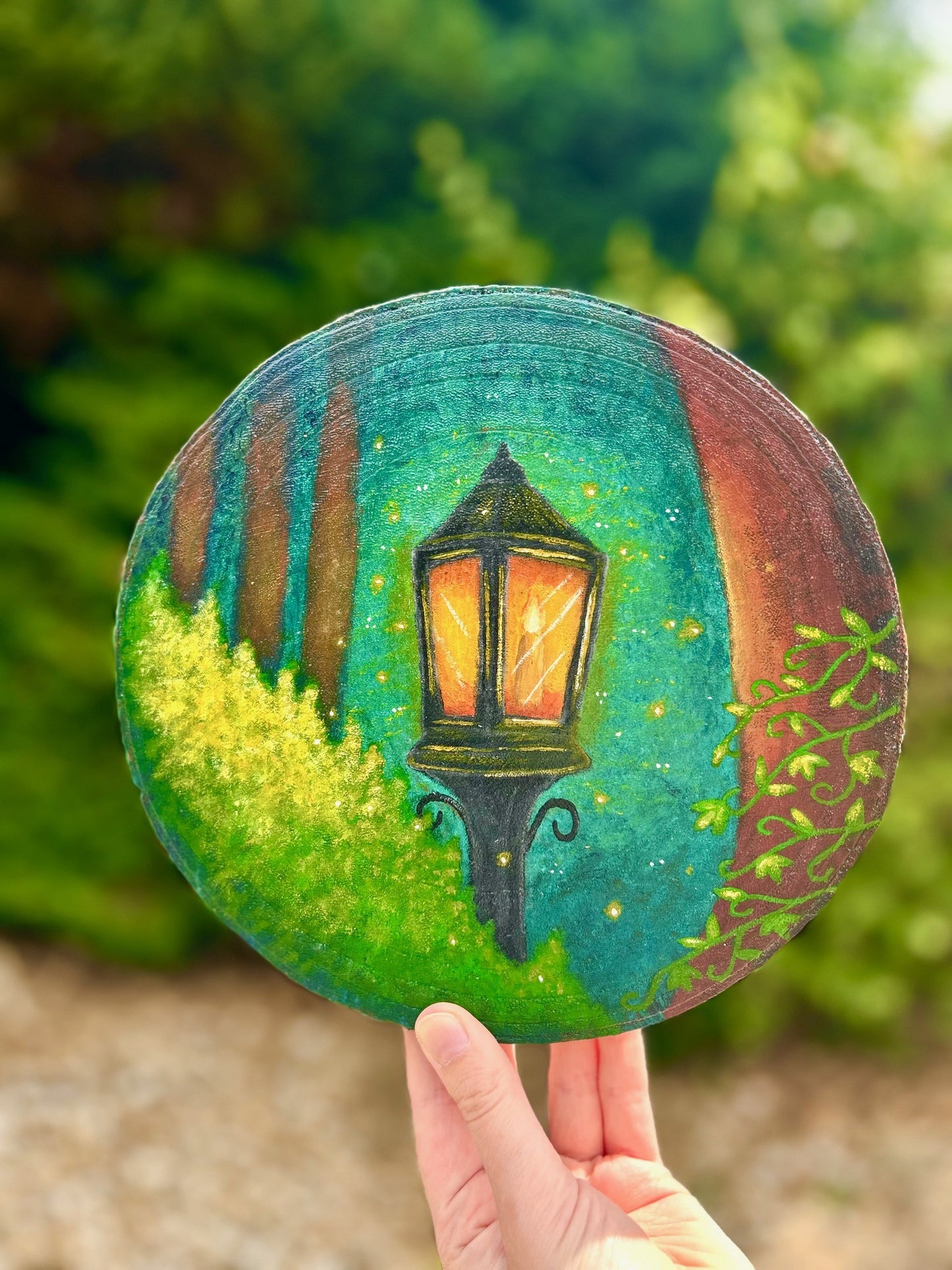 Evening Glow – Lantern in Forest Original Painting on Wood Slice