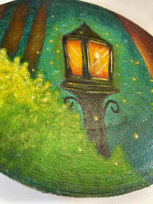 Evening Glow – Lantern in Forest Original Painting on Wood Slice
