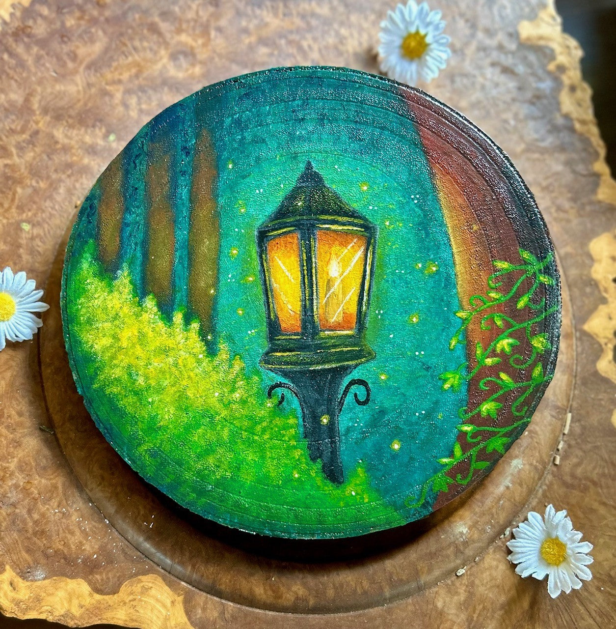 Evening Glow – Lantern in Forest Original Painting on Wood Slice