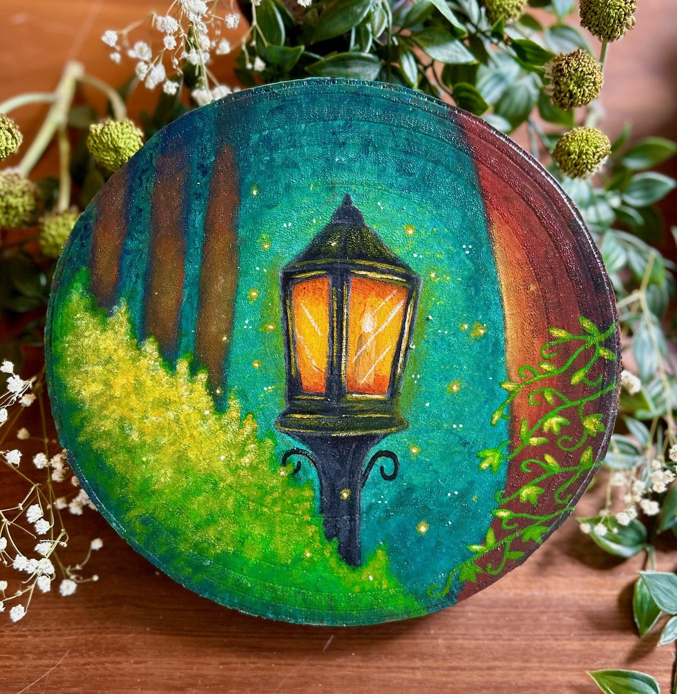 Evening Glow – Lantern in Forest Original Painting on Wood Slice