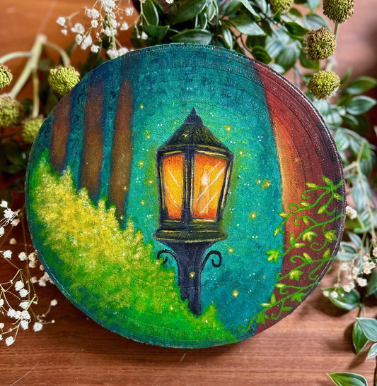 Evening Glow – Lantern in Forest Original Painting on Wood Slice