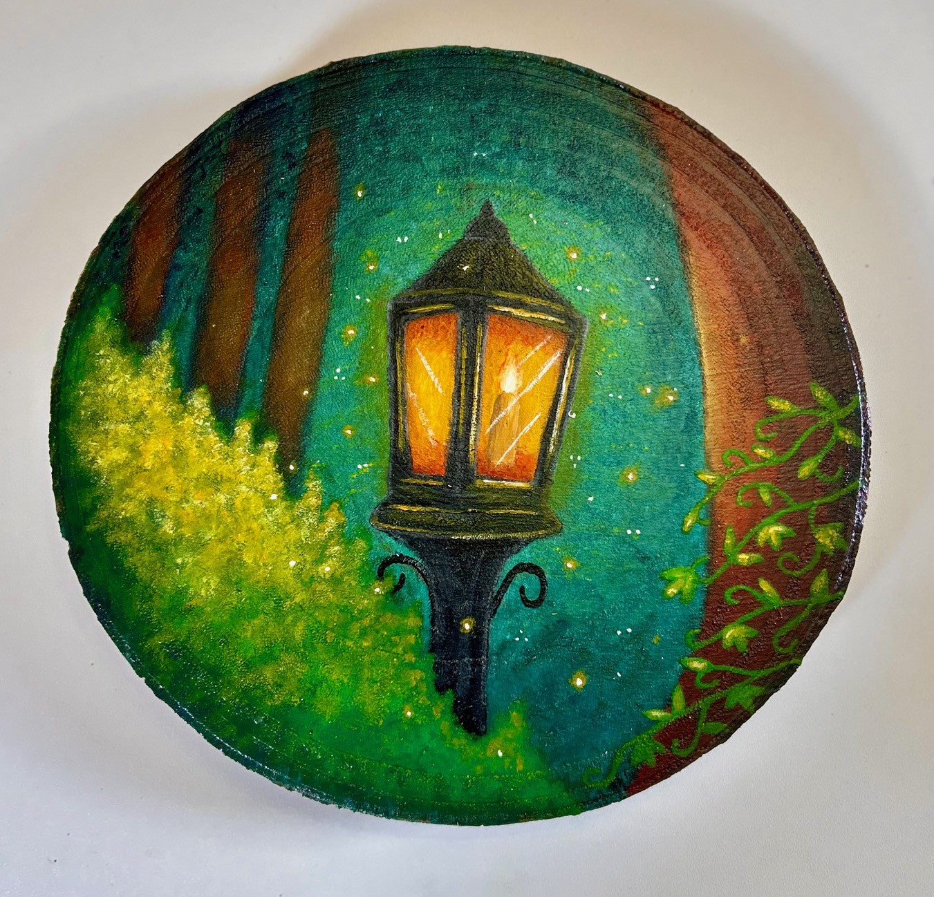 Evening Glow – Lantern in Forest Original Painting on Wood Slice
