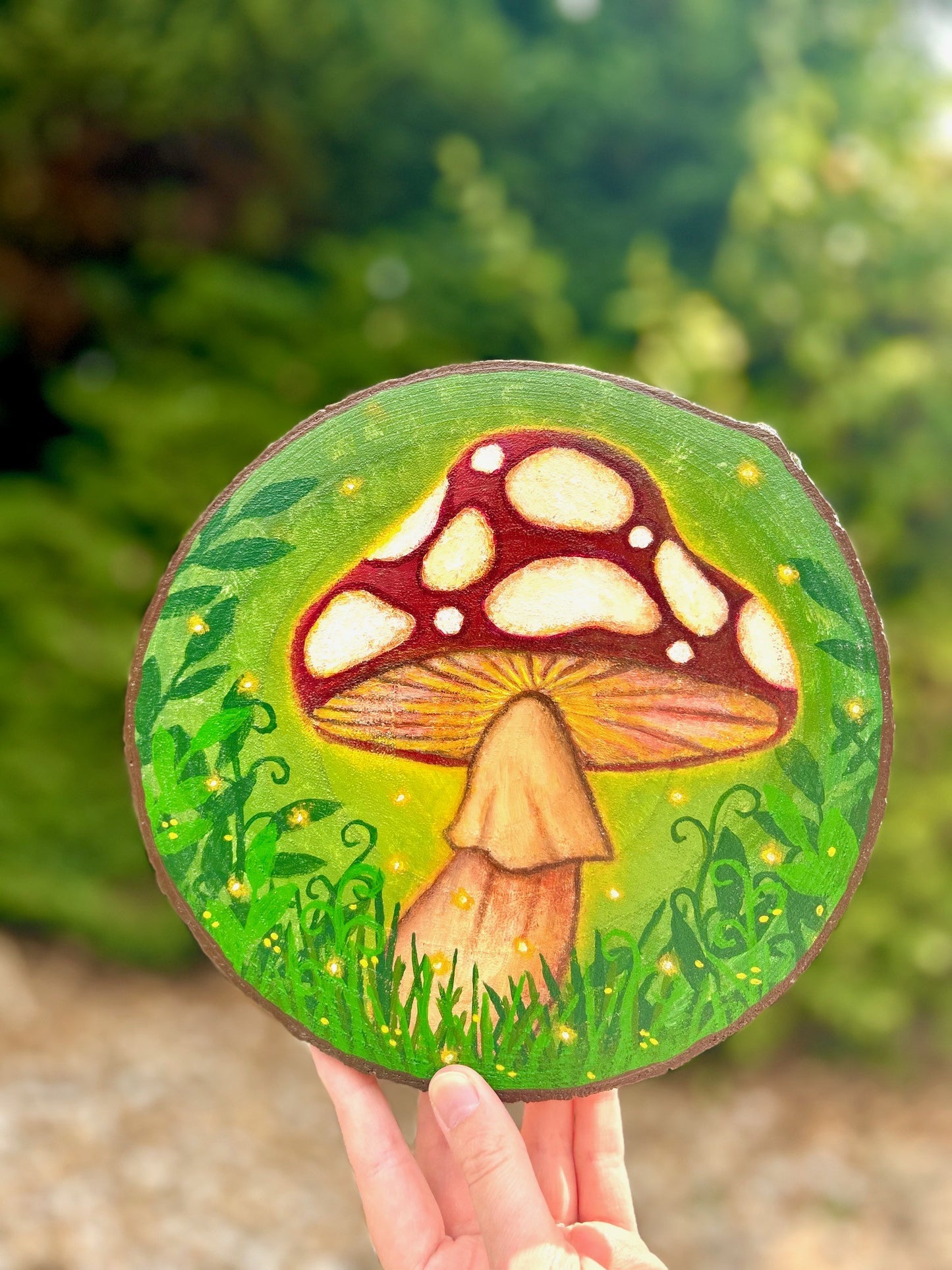 Sporelight – Glowing Toadstool Forest Original Painting on Wood Slice