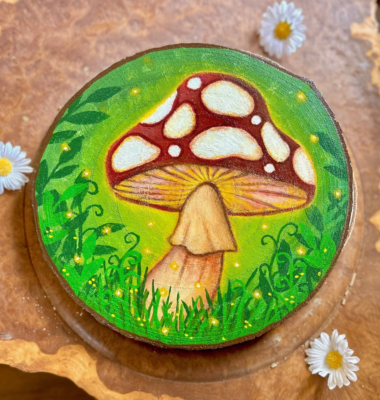Sporelight – Glowing Toadstool Forest Original Painting on Wood Slice