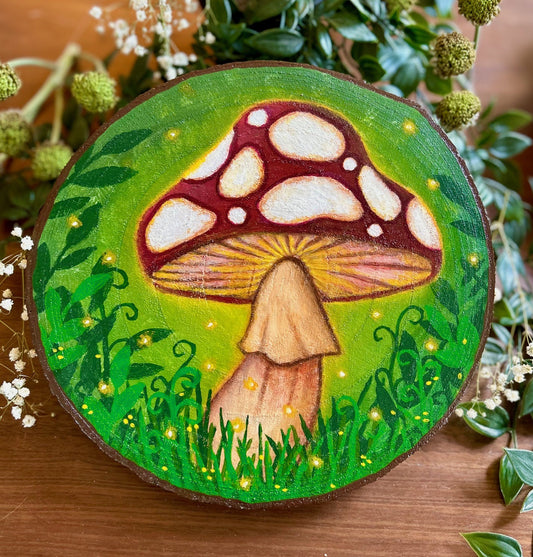Sporelight – Glowing Toadstool Forest Original Painting on Wood Slice