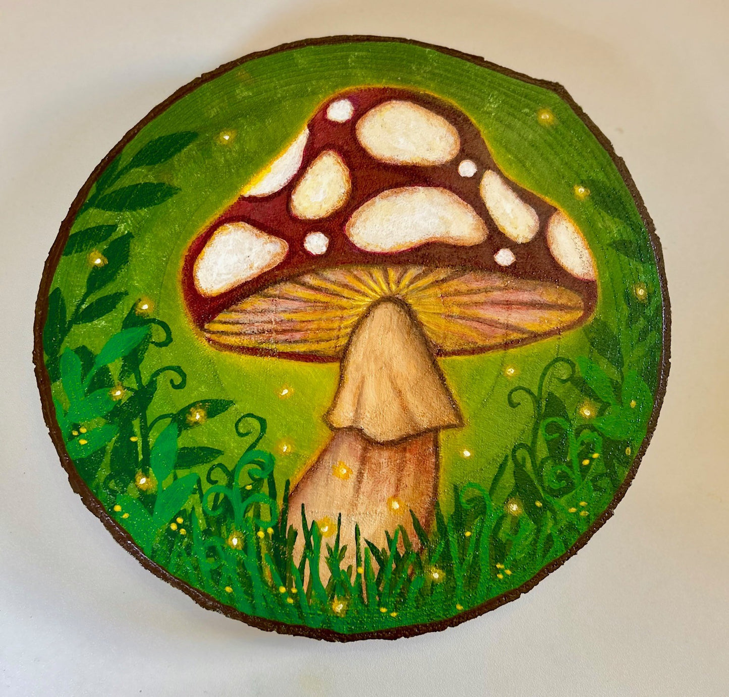Sporelight – Glowing Toadstool Forest Original Painting on Wood Slice