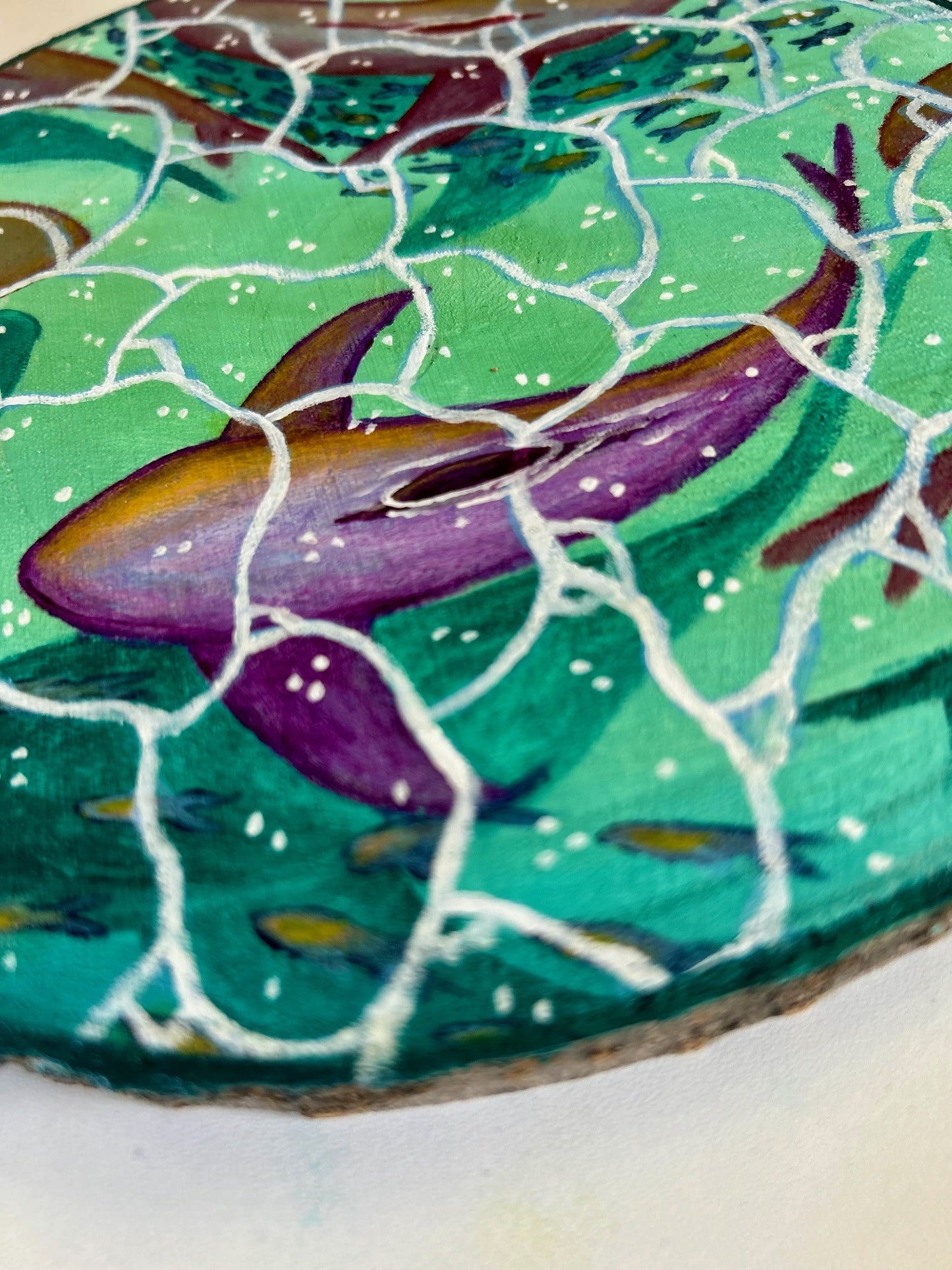 Violet Tides – Underwater Reef Sharks Original Painting on Large Wood Slice