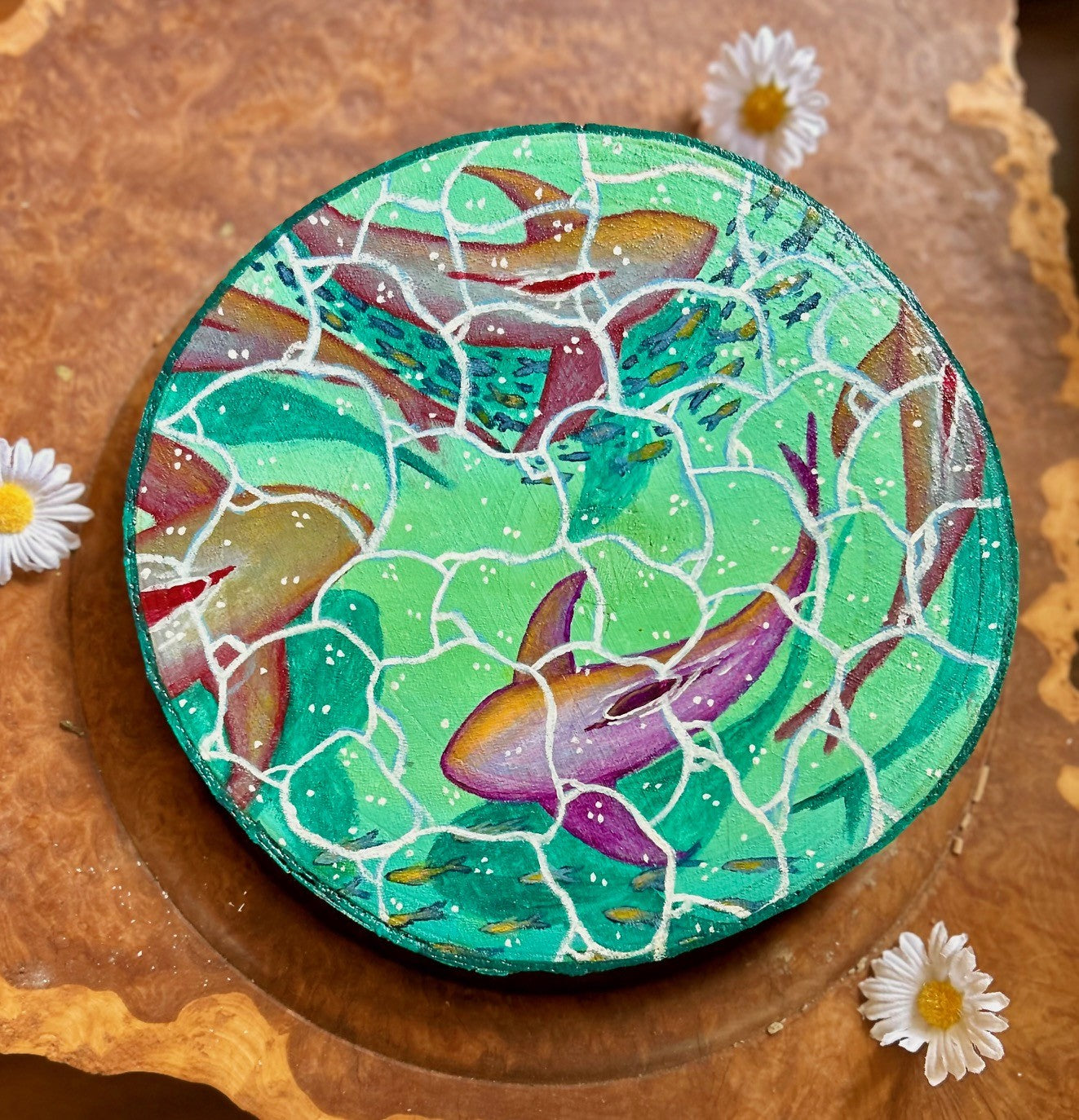 Violet Tides – Underwater Reef Sharks Original Painting on Large Wood Slice