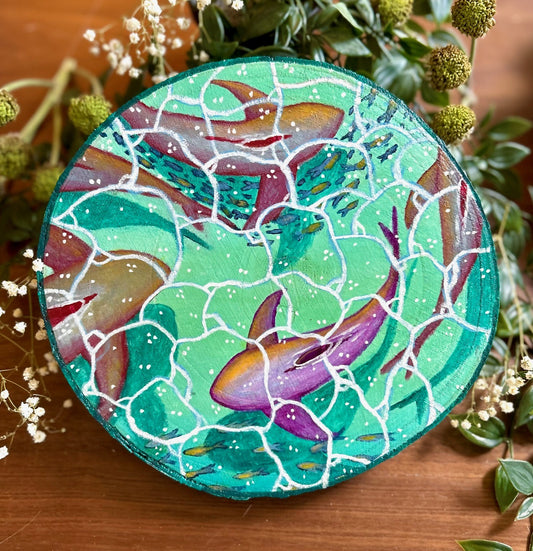 Violet Tides – Underwater Reef Sharks Original Painting on Large Wood Slice