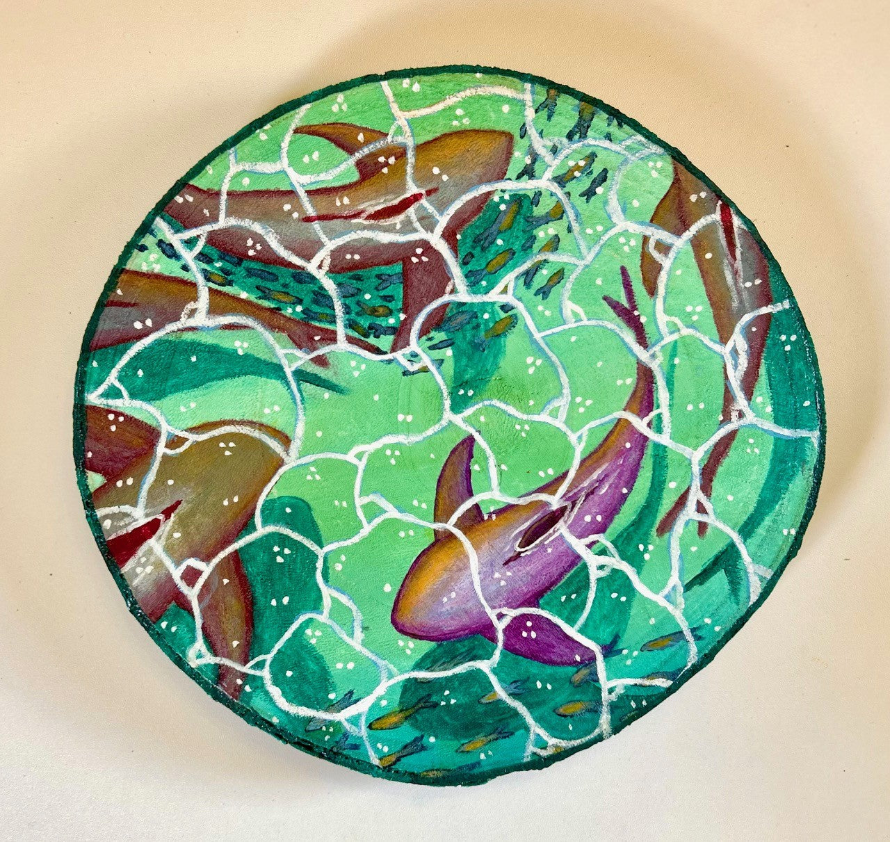 Violet Tides – Underwater Reef Sharks Original Painting on Large Wood Slice
