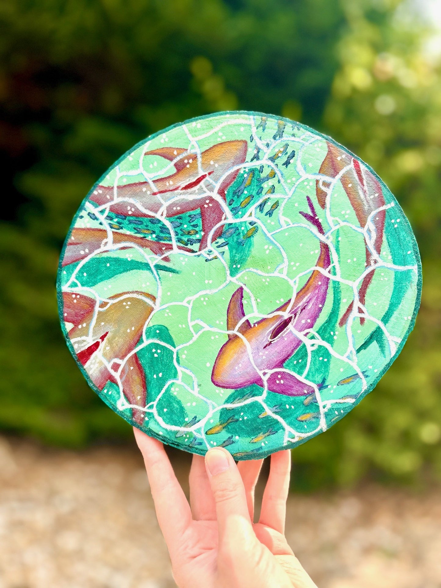 Violet Tides – Underwater Reef Sharks Original Painting on Large Wood Slice