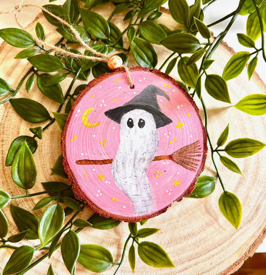 Hand Painted Wooden Ghost Ornament – Witchy Halloween Decor | Cute Ghost on Broom | Cosy Autumn Decoration | Whimsical Spooky Fall Art