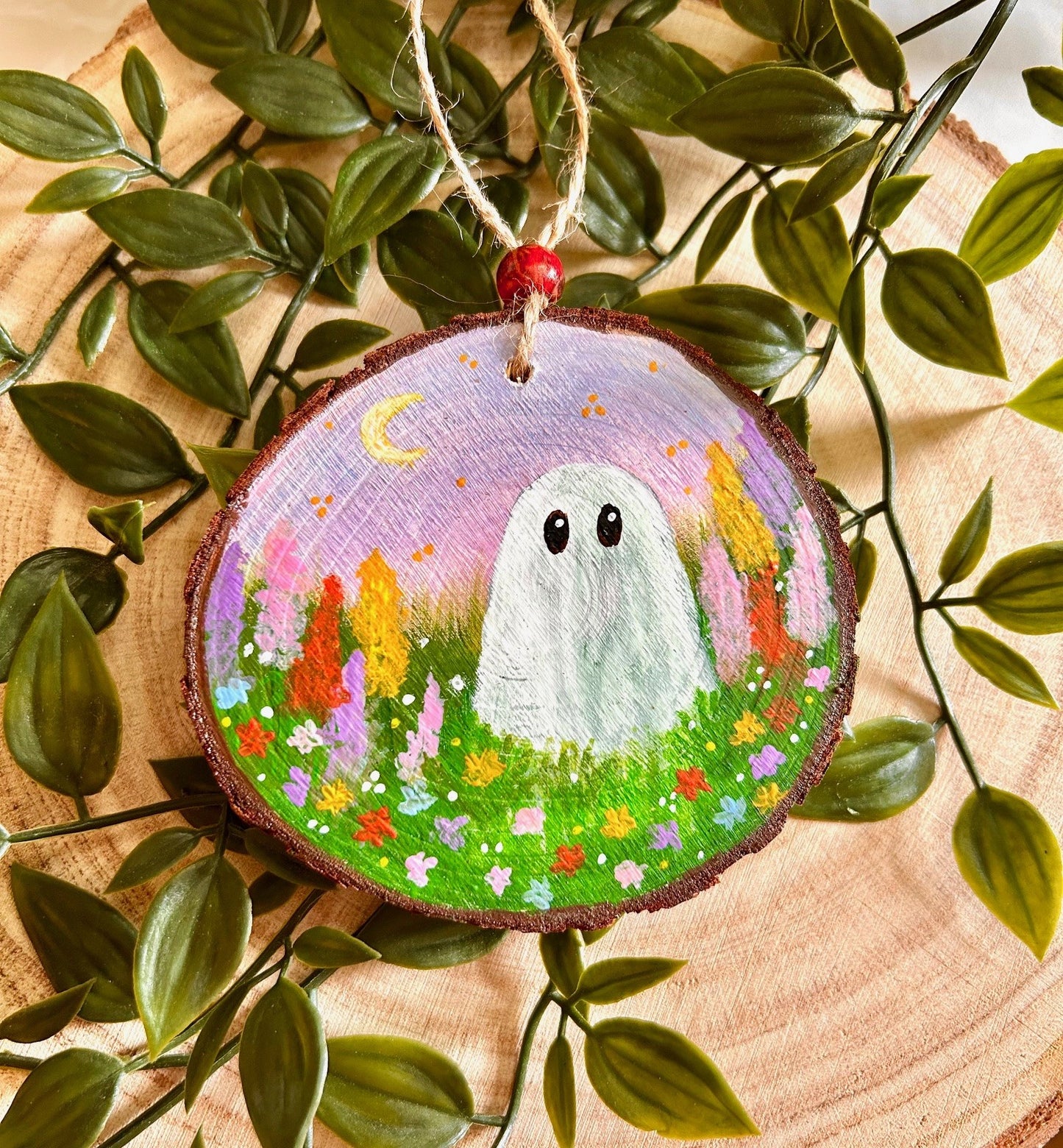 Hand Painted Wooden Ghost Ornament – Cosy Floral Halloween Decor | Whimsical Ghost in Wild Flower Meadow | Pastel Autumn Wood Slice Art