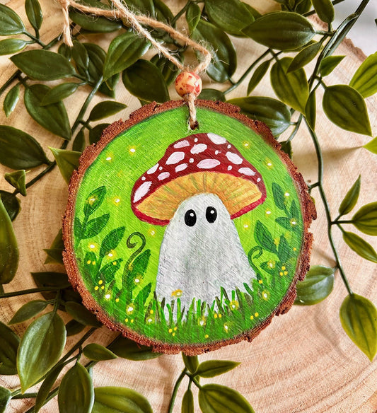 Hand Painted Wooden Ghost Ornament – Mushroom Forest Halloween Decor | Whimsical Ghost with Toadstool Hat | Cosy Autumn Wood Slice Art