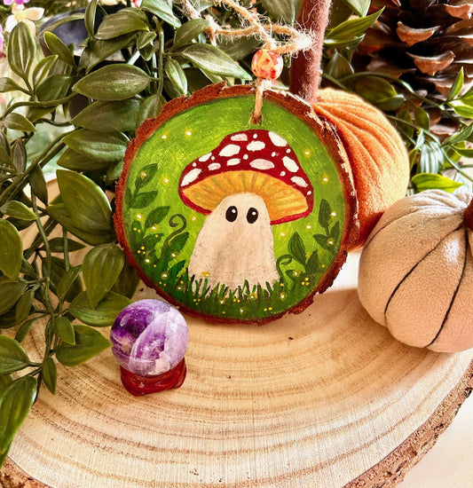 Hand Painted Wooden Ghost Ornament – Mushroom Forest Halloween Decor | Whimsical Ghost with Toadstool Hat | Cosy Autumn Wood Slice Art