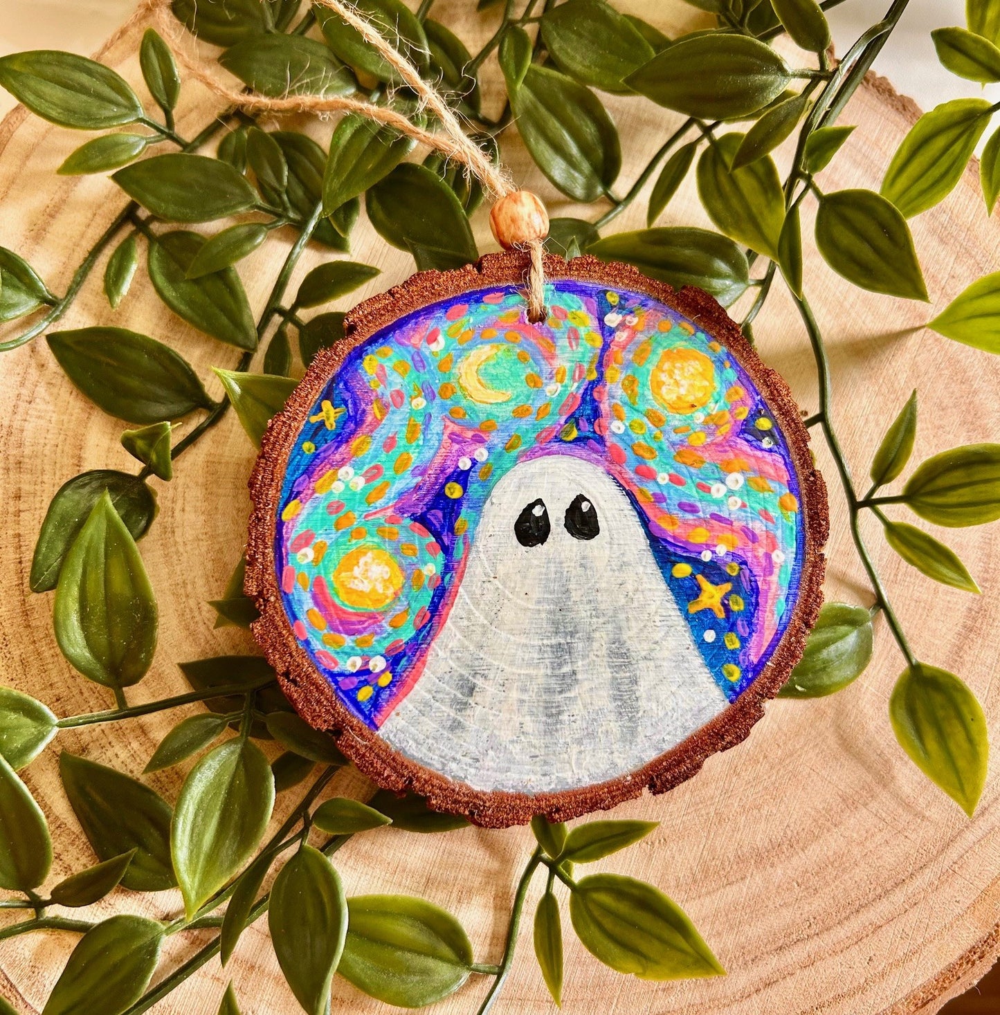 Hand Painted Wooden Ghost Ornament – Starry Night Halloween Decor | Whimsical Celestial Ghost Art | Cosy Autumn Wood Slice Ornament