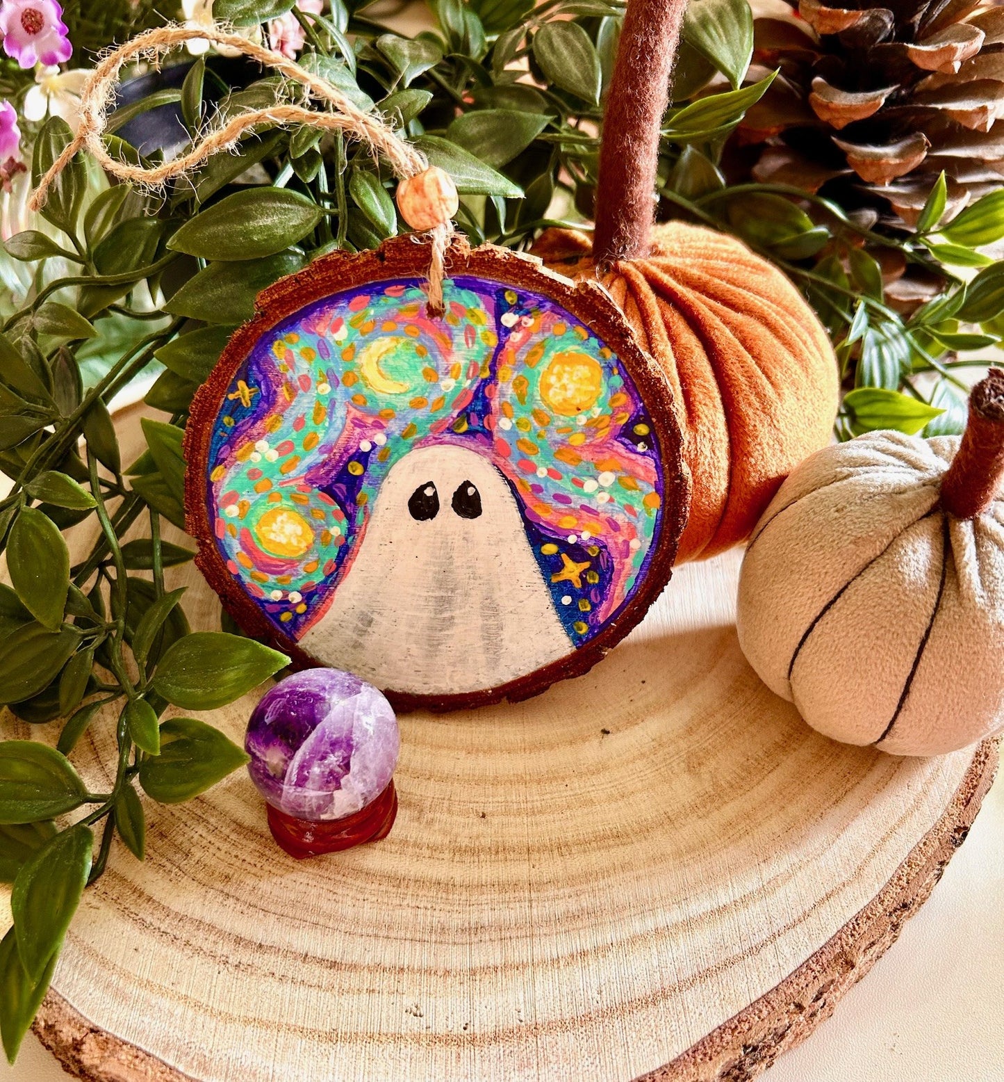 Hand Painted Wooden Ghost Ornament – Starry Night Halloween Decor | Whimsical Celestial Ghost Art | Cosy Autumn Wood Slice Ornament