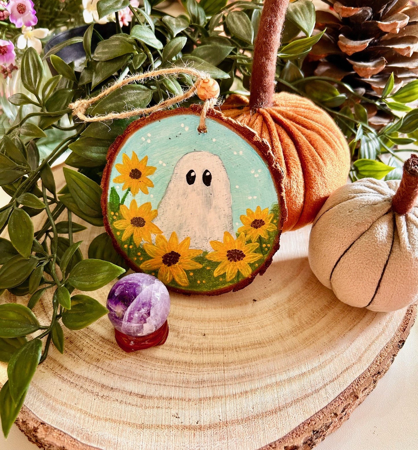 Hand Painted Wooden Ghost Ornament – Sunflower Autumn Decor | Cute Ghost in Flower Field | Whimsical Halloween Wood Slice Art