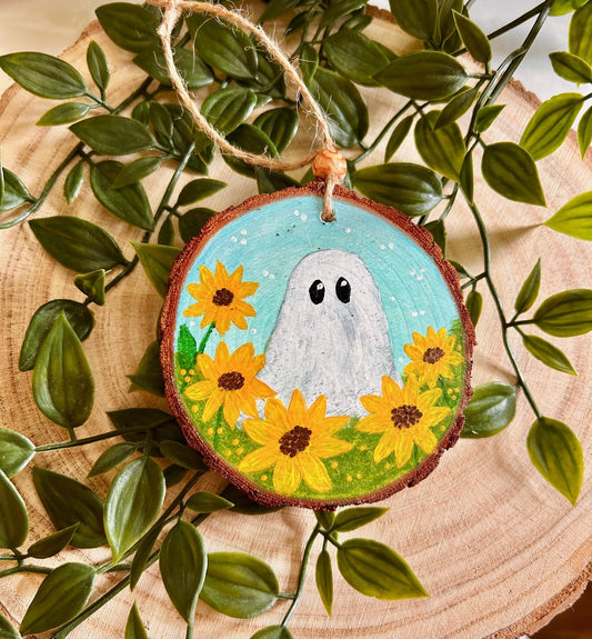 Hand Painted Wooden Ghost Ornament – Sunflower Autumn Decor | Cute Ghost in Flower Field | Whimsical Halloween Wood Slice Art